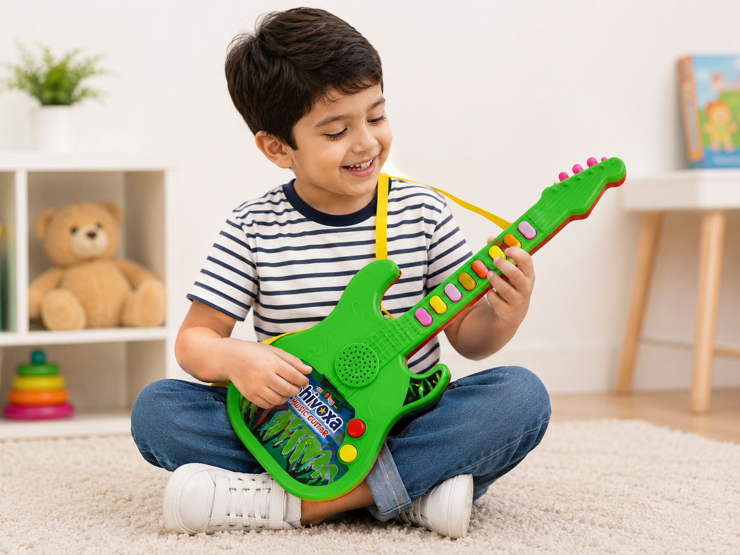 Shivoxa Kids Musical Guitar Toy with 10 Sounds & Colorful Buttons | Educational Music Instrument for Boys & Girls | Adjustable Strap | Battery Operated | Age 3+