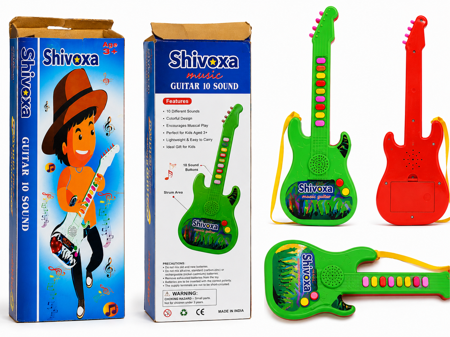 Shivoxa Kids Musical Guitar Toy with 10 Sounds & Colorful Buttons | Educational Music Instrument for Boys & Girls | Adjustable Strap | Battery Operated | Age 3+