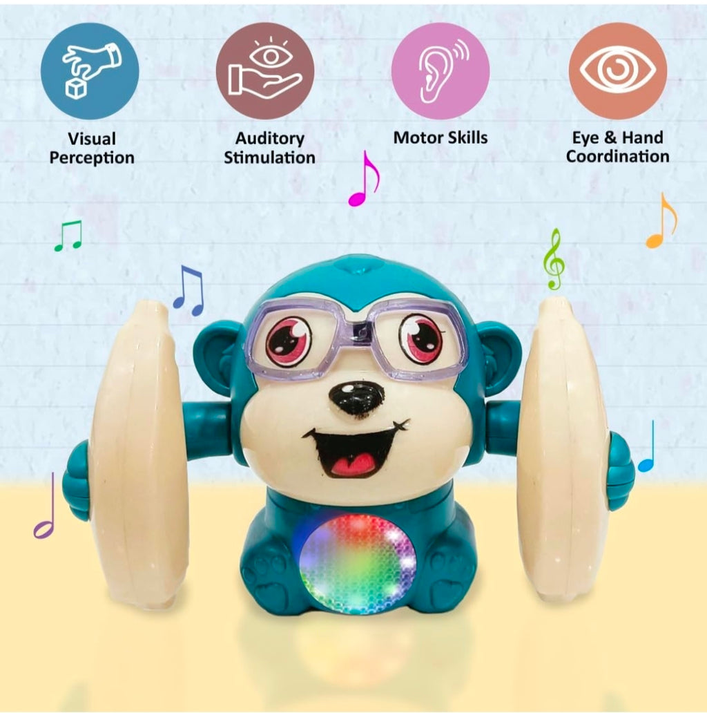 Shivoxa Musical Tumbler Monkey Toy with Flashing LED Lights | Self-Balancing Rolling Toy | 360° Rotating Action | Educational Toy for Kids | Battery Operated | Blue