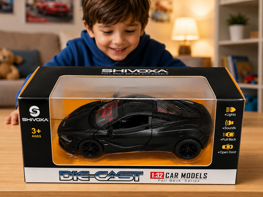 Shivoxa 1:32 Die Cast Pull Back Sports Car Toy for Kids | Metal Model Car with Lights, Sound & Openable Doors | Black | Age 3+