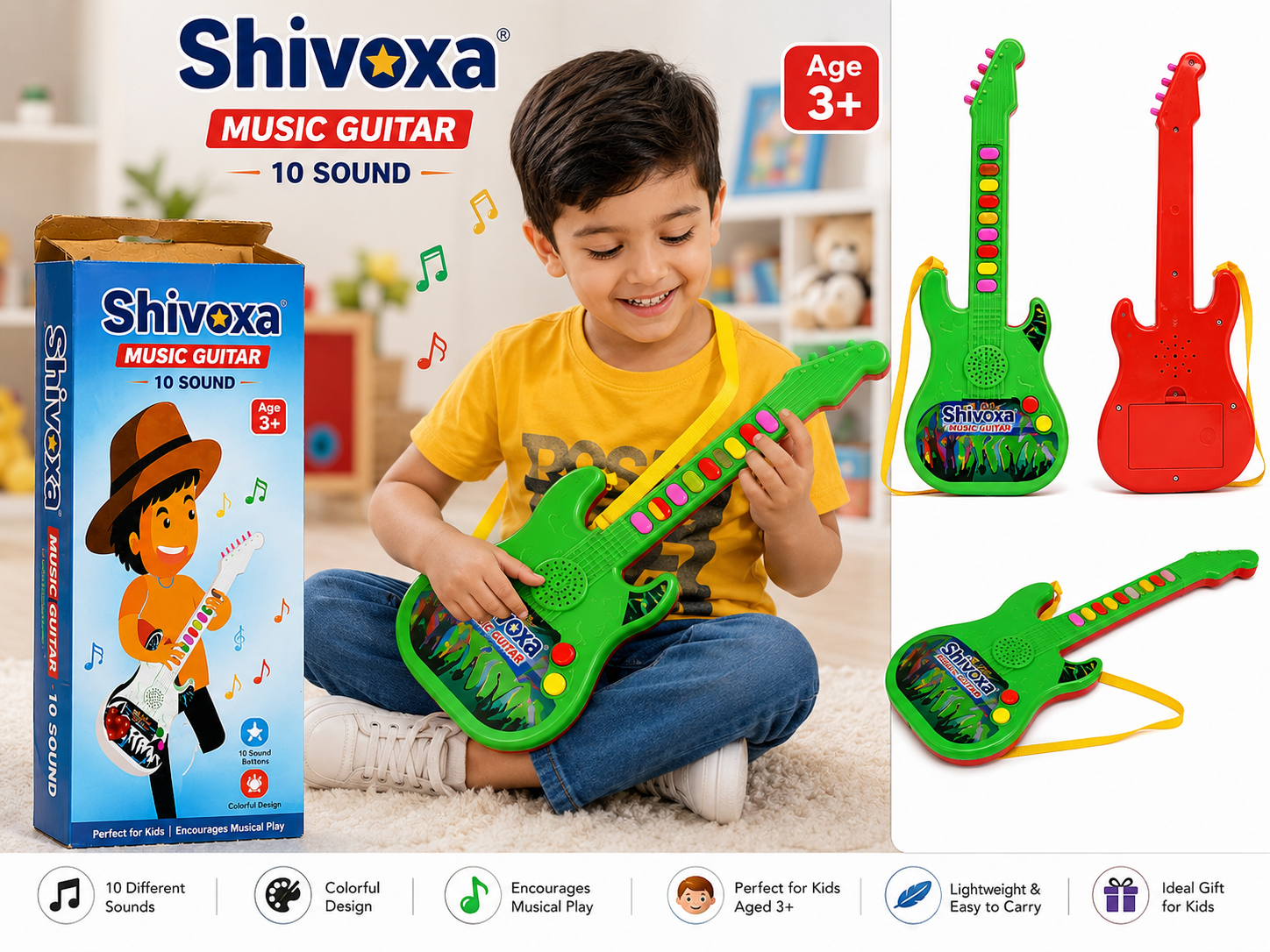 Shivoxa Kids Musical Guitar Toy with 10 Sounds & Colorful Buttons | Educational Music Instrument for Boys & Girls | Adjustable Strap | Battery Operated | Age 3+
