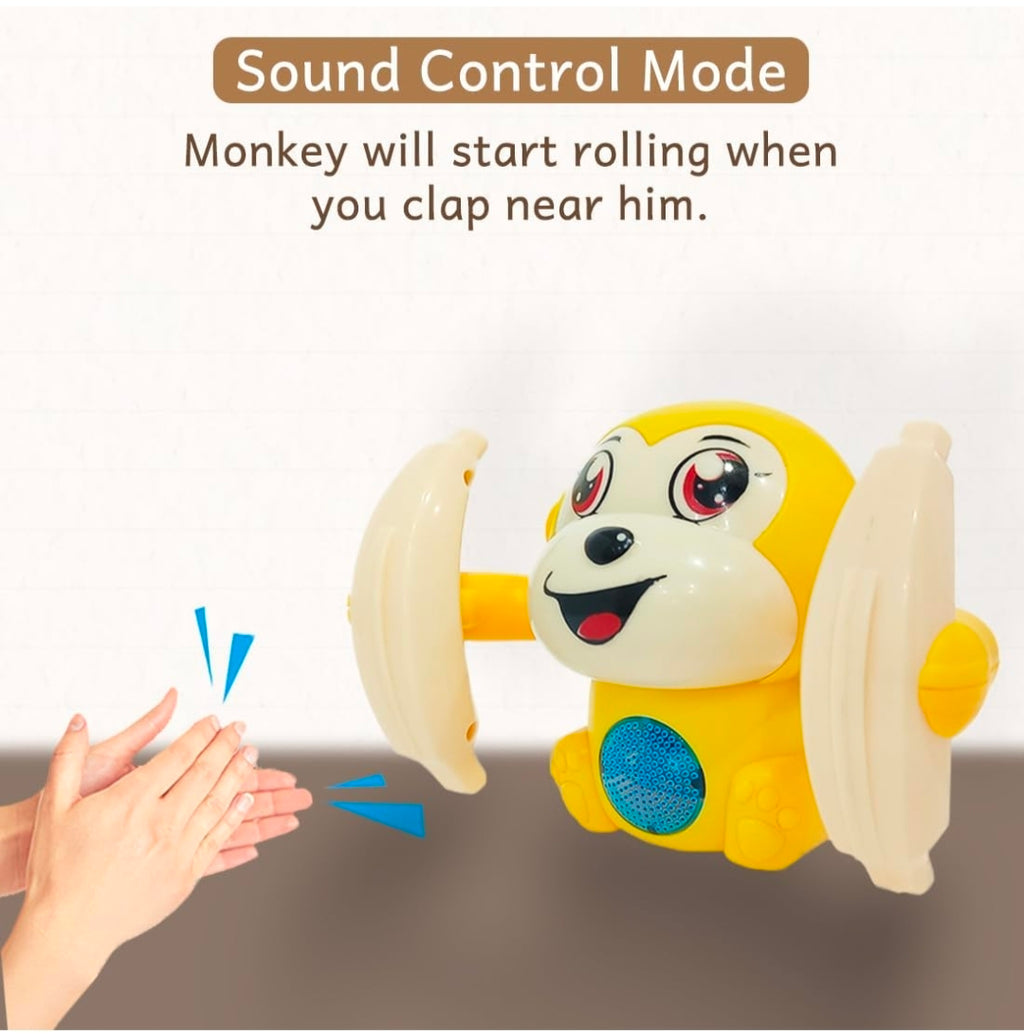 Shivoxa Musical Tumbler Monkey Toy with Flashing LED Lights | Self-Balancing Rolling Toy | 360° Rotating Action | Educational Toy for Kids | Battery Operated | Blue