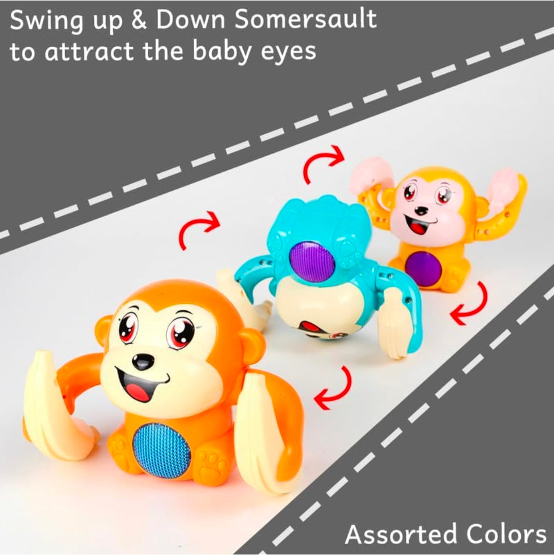 Shivoxa Musical Tumbler Monkey Toy with Flashing LED Lights | Self-Balancing Rolling Toy | 360° Rotating Action | Educational Toy for Kids | Battery Operated | Blue