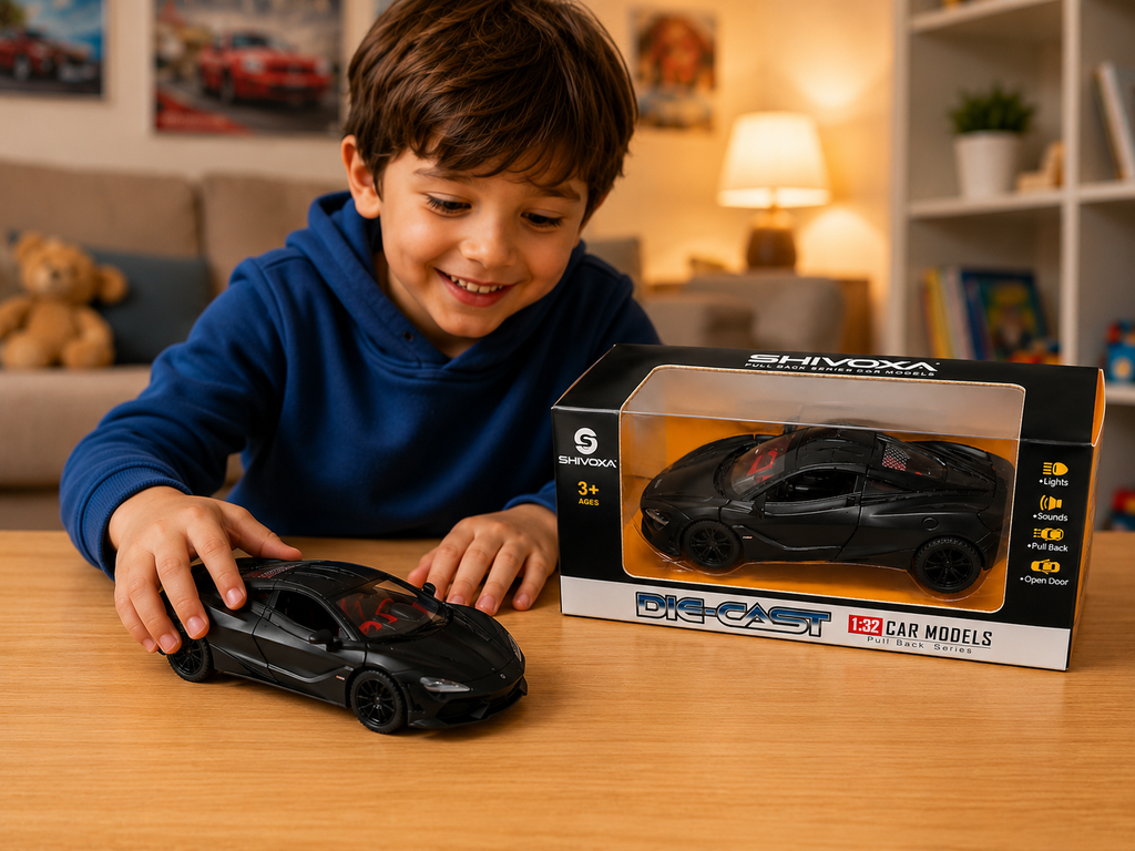 Shivoxa 1:32 Die Cast Pull Back Sports Car Toy for Kids | Metal Model Car with Lights, Sound & Openable Doors | Black | Age 3+