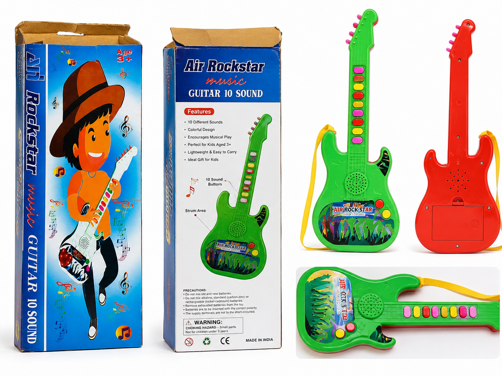 Shivoxa Kids Musical Guitar Toy with 10 Sounds & Colorful Buttons | Educational Music Instrument for Boys & Girls | Adjustable Strap | Battery Operated | Age 3+