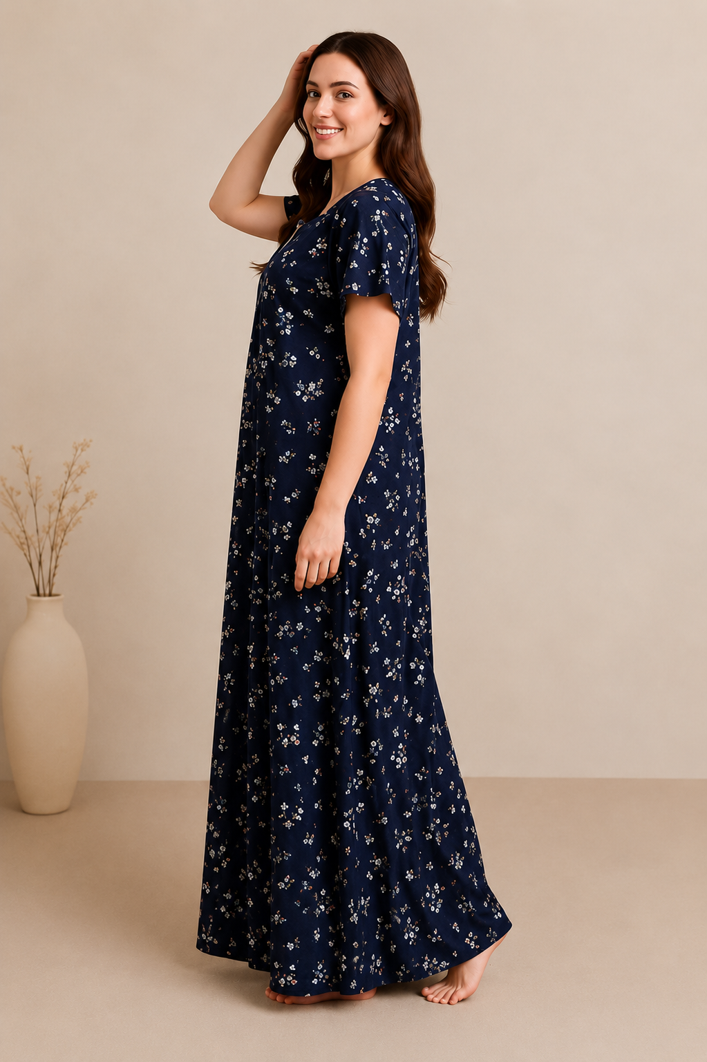 Women's Floral Printed Cotton Blend Maxi Nighty | Soft & Comfortable Short Sleeve Lounge Wear Night Gown