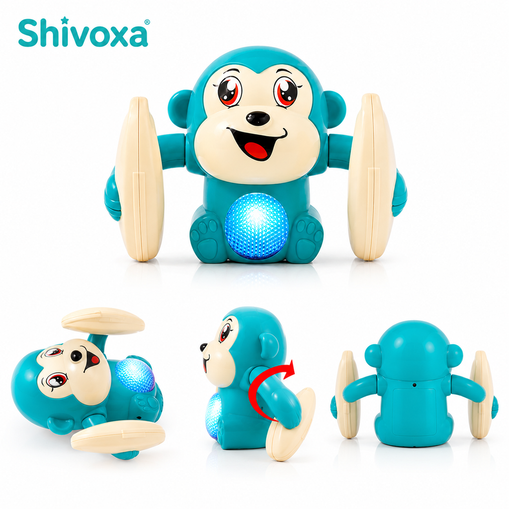 Shivoxa Musical Tumbler Monkey Toy with Flashing LED Lights | Self-Balancing Rolling Toy | 360° Rotating Action | Educational Toy for Kids | Battery Operated | Blue