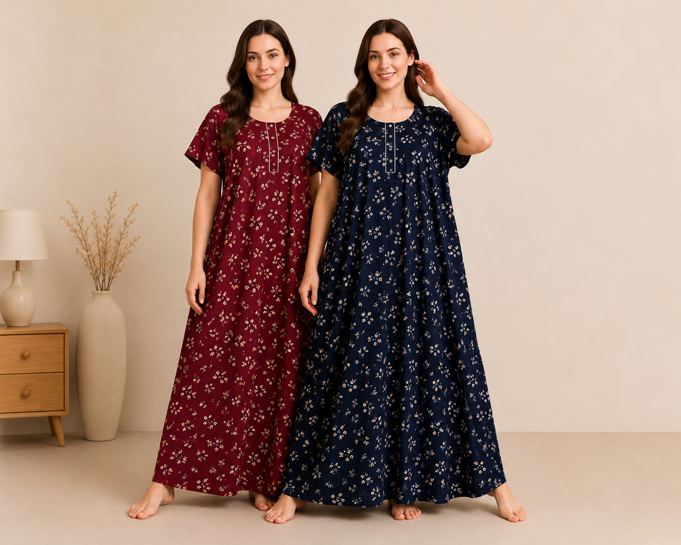 Women's Floral Printed Cotton Blend Maxi Nighty | Soft & Comfortable Short Sleeve Lounge Wear Night Gown