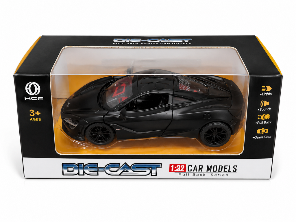 Shivoxa 1:32 Die Cast Pull Back Sports Car Toy for Kids | Metal Model Car with Lights, Sound & Openable Doors | Black | Age 3+