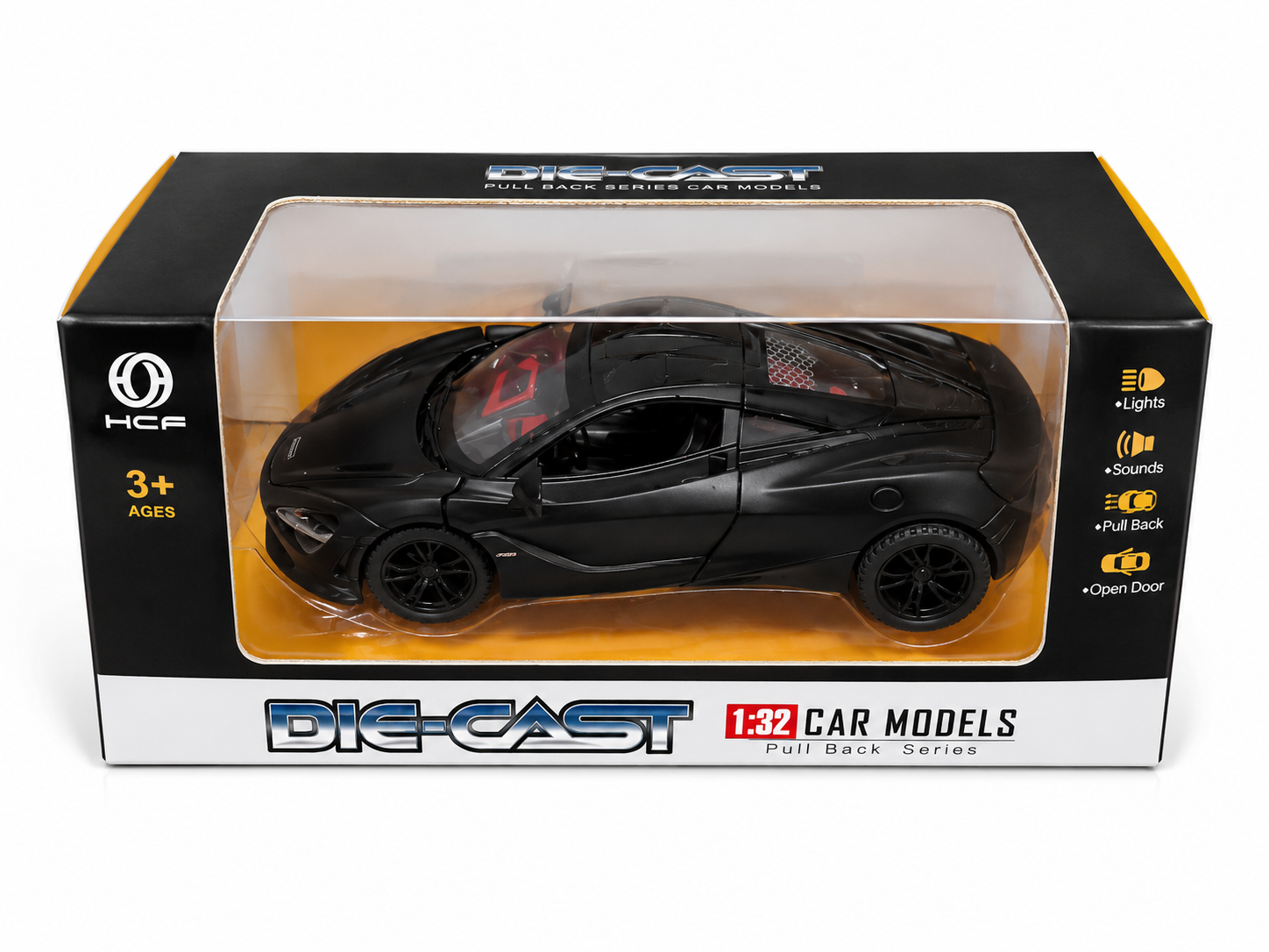 Shivoxa 1:32 Die Cast Pull Back Sports Car Toy for Kids | Metal Model Car with Lights, Sound & Openable Doors | Black | Age 3+
