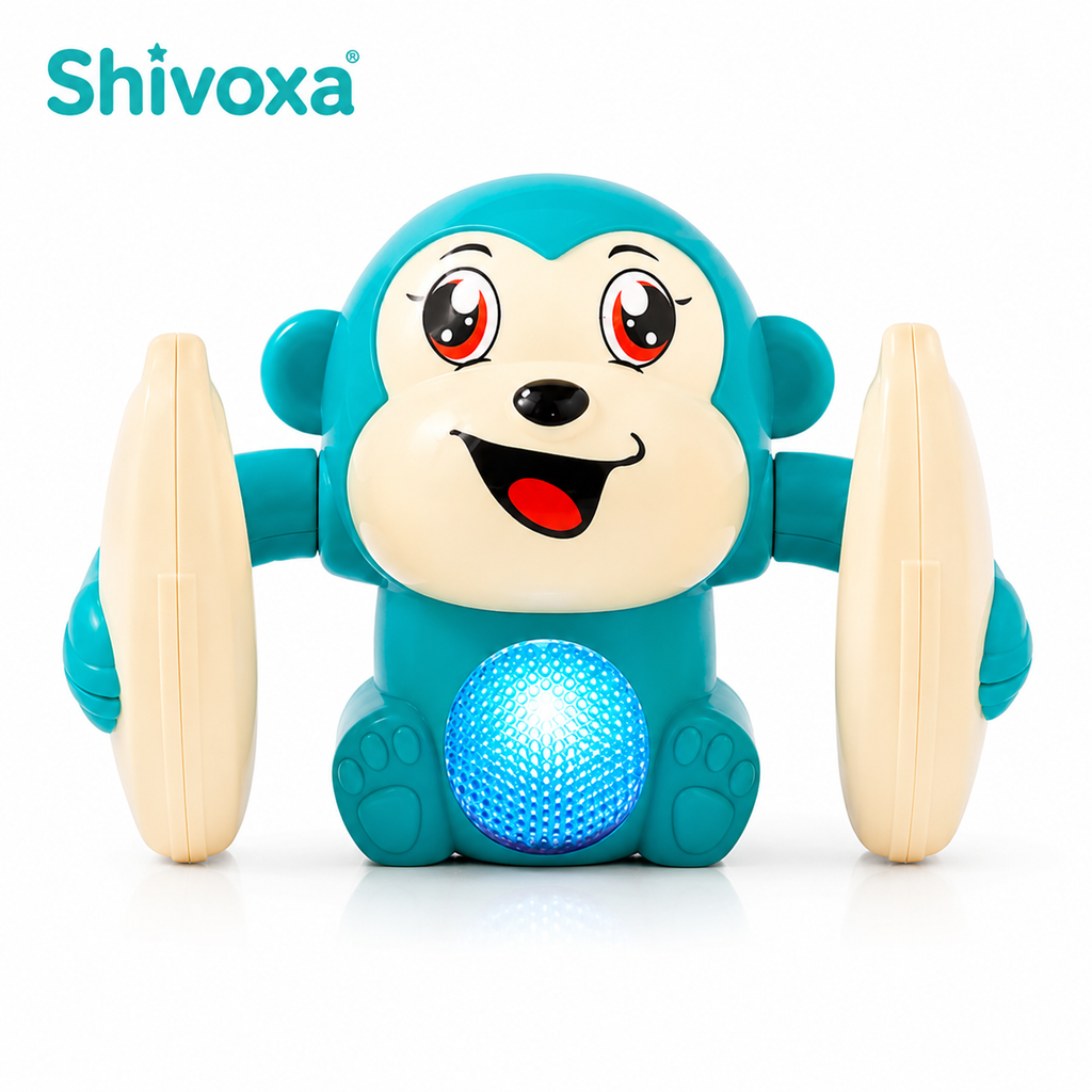 Shivoxa Musical Tumbler Monkey Toy with Flashing LED Lights | Self-Balancing Rolling Toy | 360° Rotating Action | Educational Toy for Kids | Battery Operated | Blue