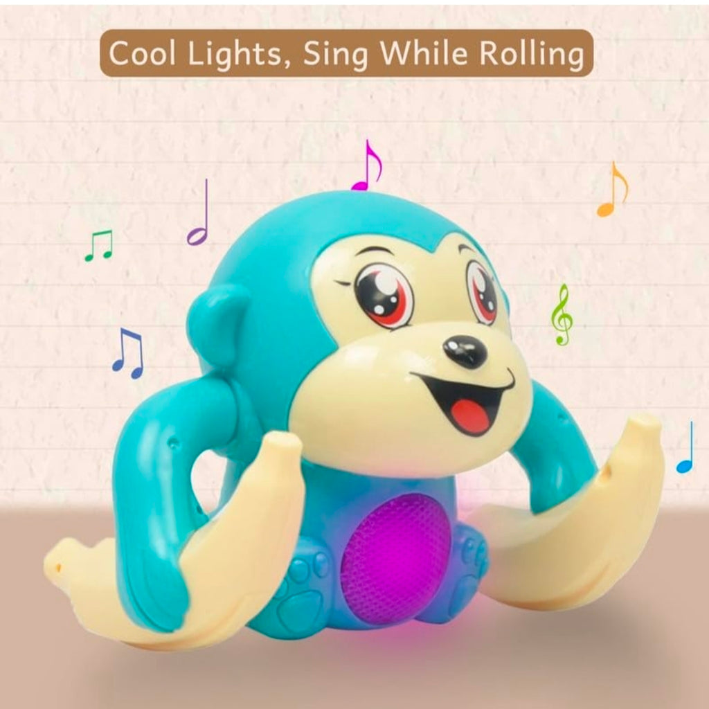 Shivoxa Musical Tumbler Monkey Toy with Flashing LED Lights | Self-Balancing Rolling Toy | 360° Rotating Action | Educational Toy for Kids | Battery Operated | Blue