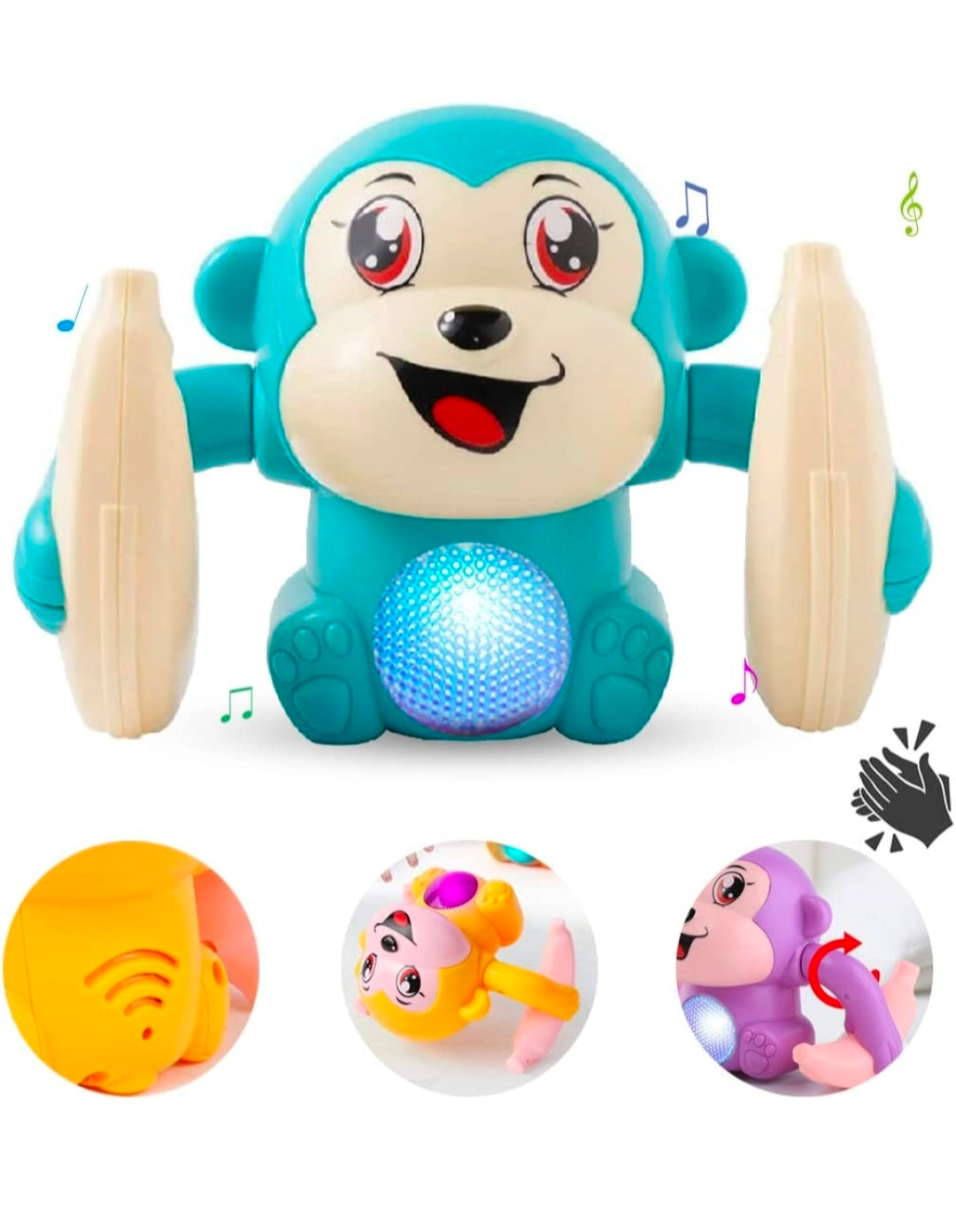 Shivoxa Musical Tumbler Monkey Toy with Flashing LED Lights | Self-Balancing Rolling Toy | 360° Rotating Action | Educational Toy for Kids | Battery Operated | Blue